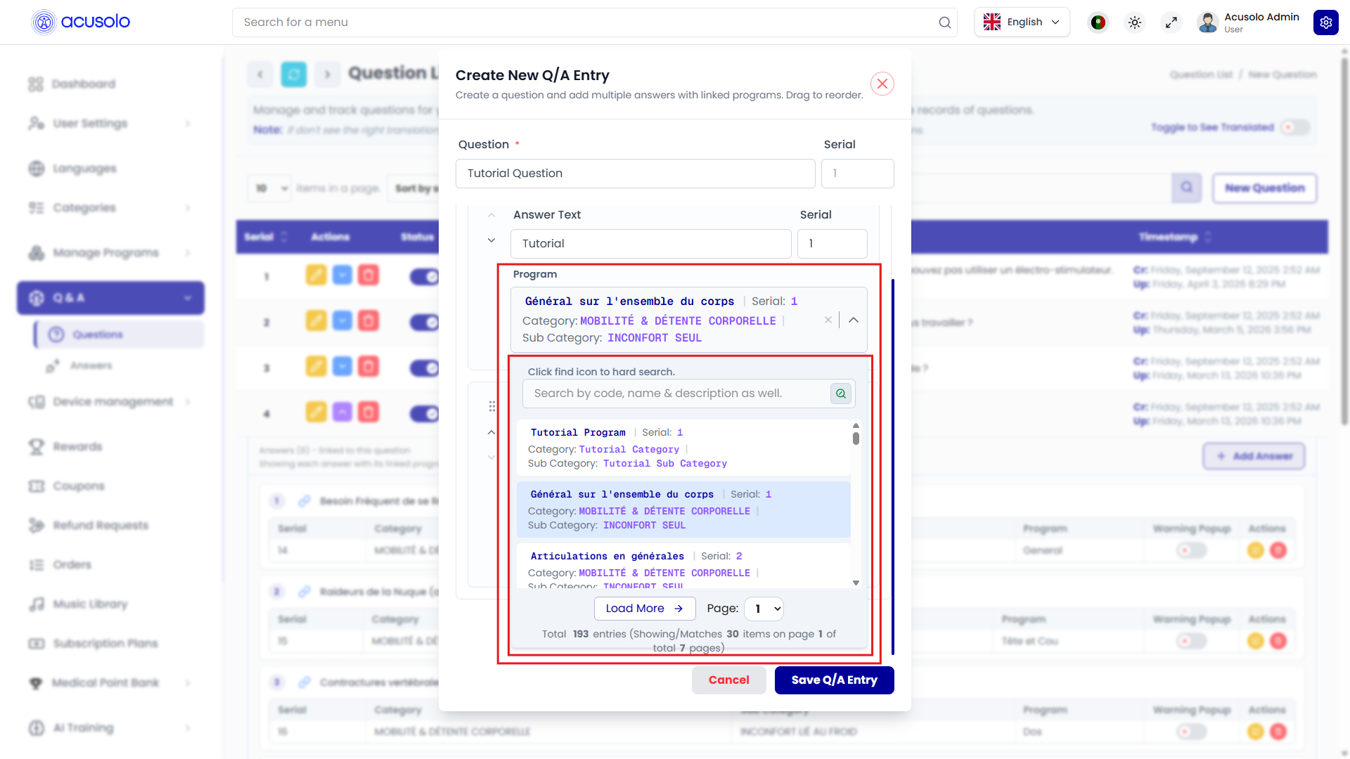 Create Q/A — program search