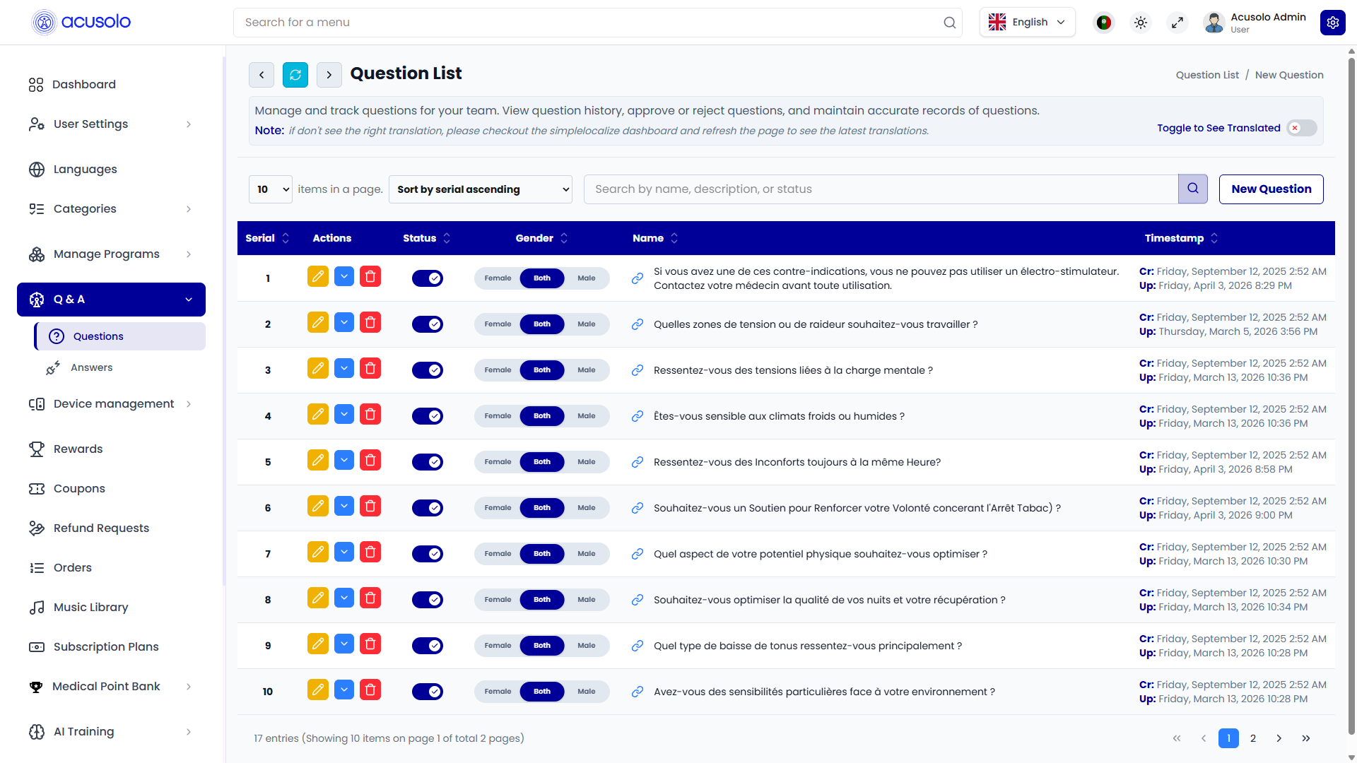 Question List page