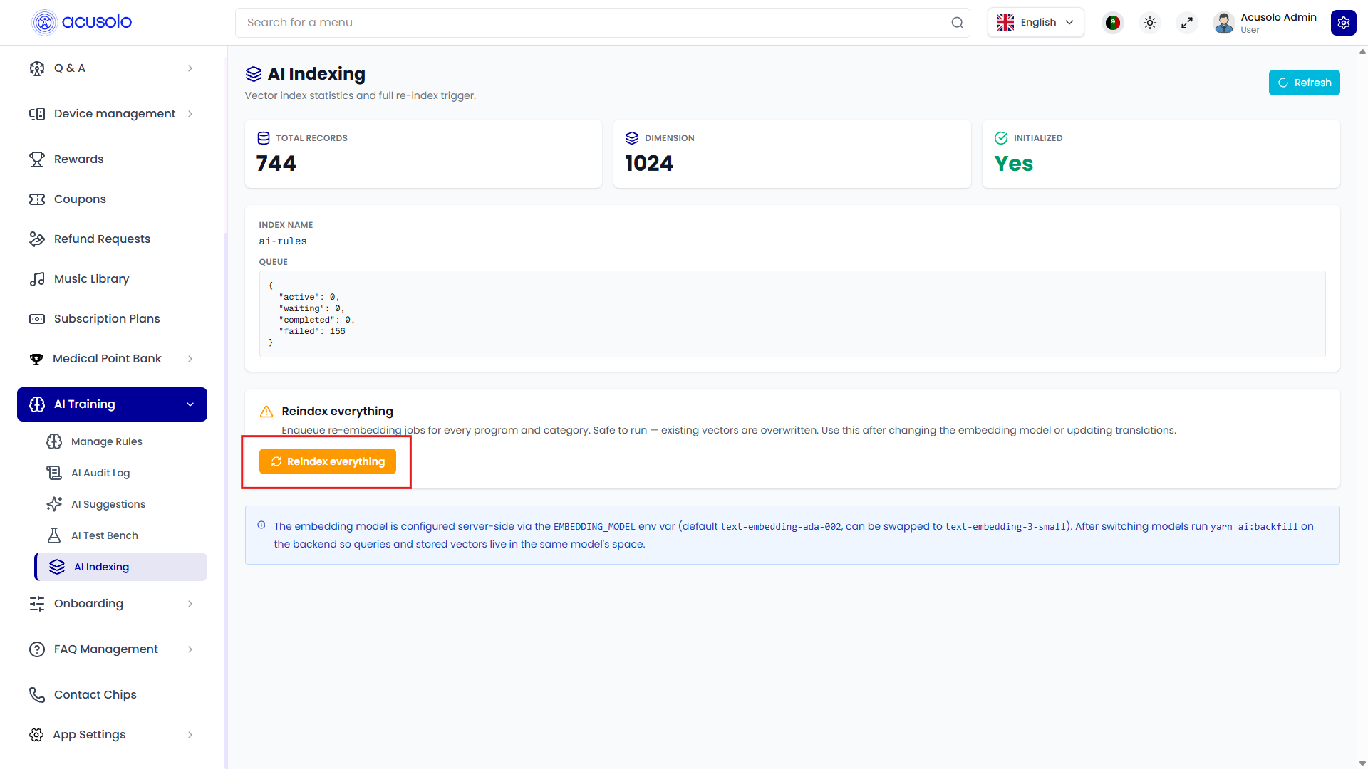 AI indexing reindex button highlighted