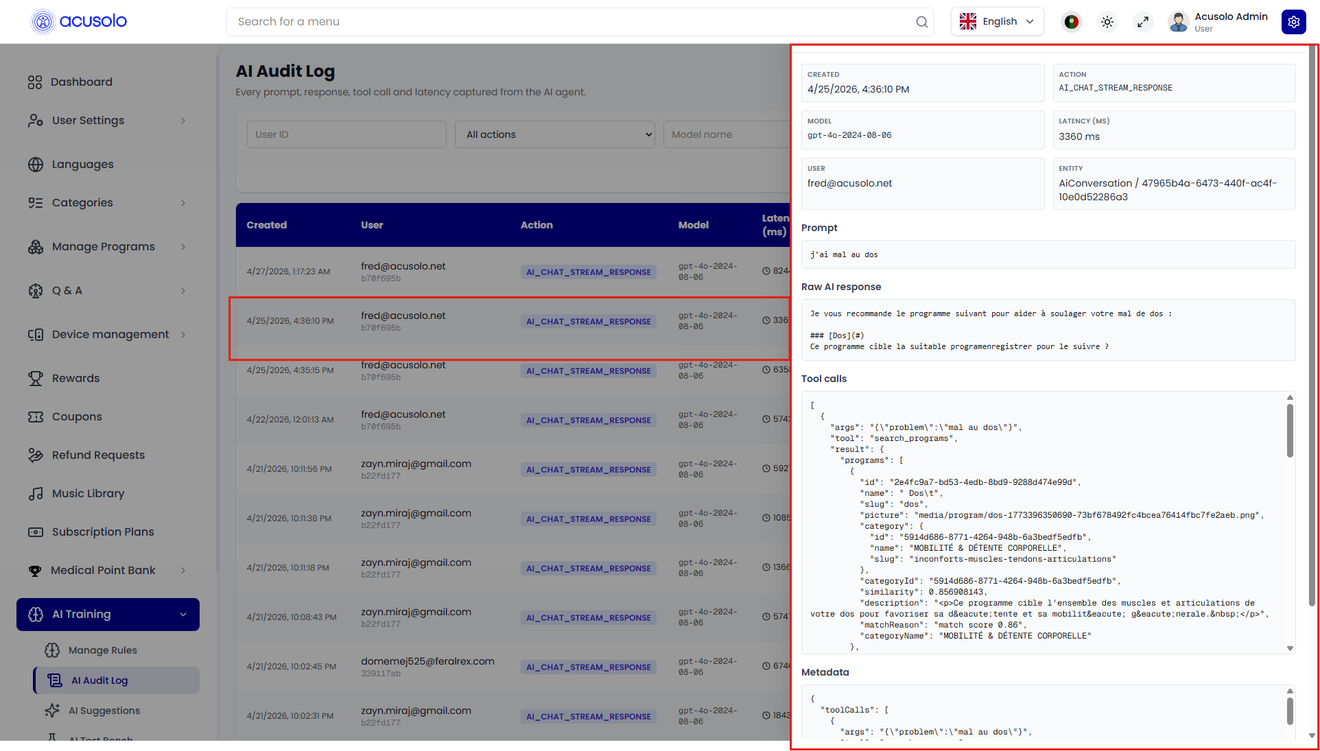AI audit log list item details