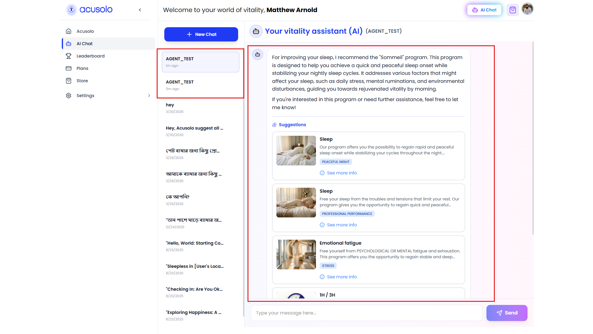 Web app chat history showing test bench results