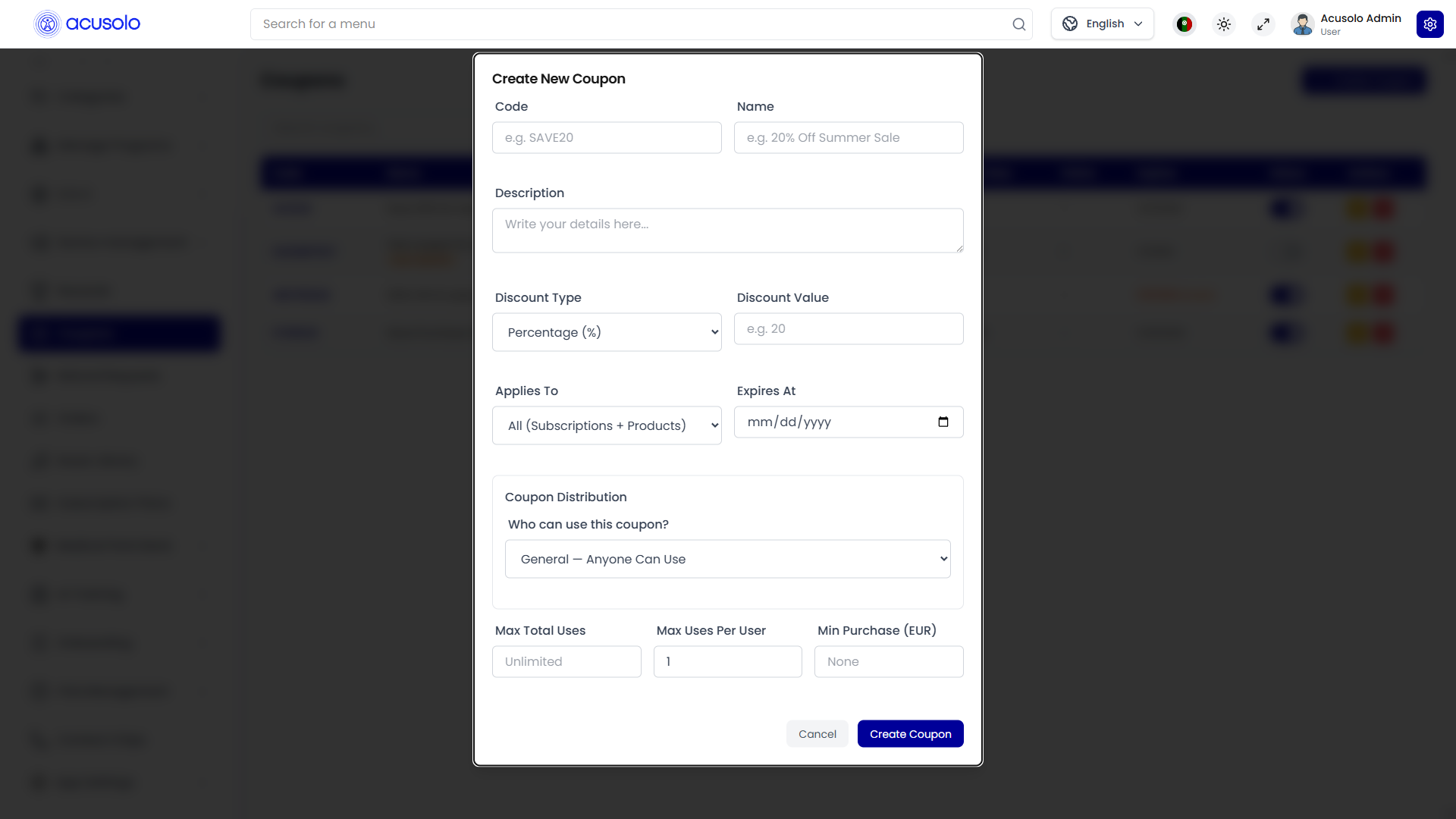 Create coupon modal