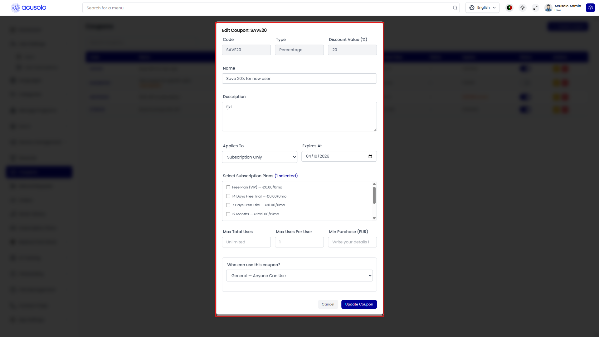 Edit coupon modal
