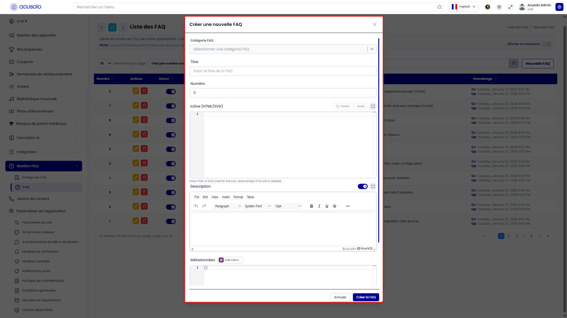 Create FAQ modal