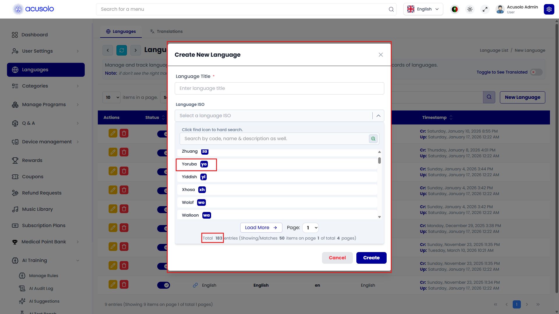 Create language modal