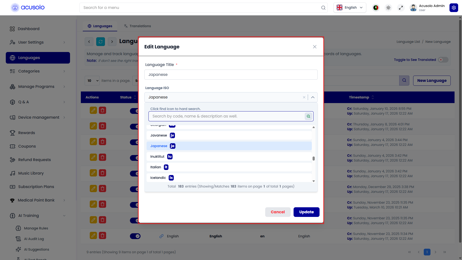Edit language modal
