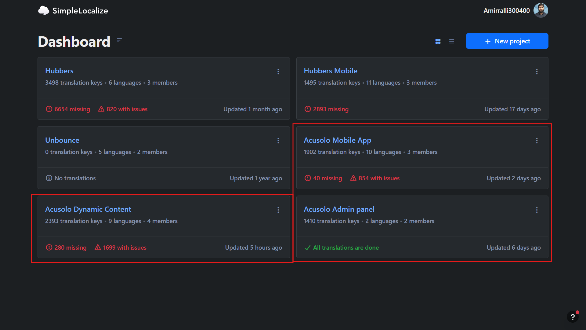 SimpleLocalize dashboard marked projects
