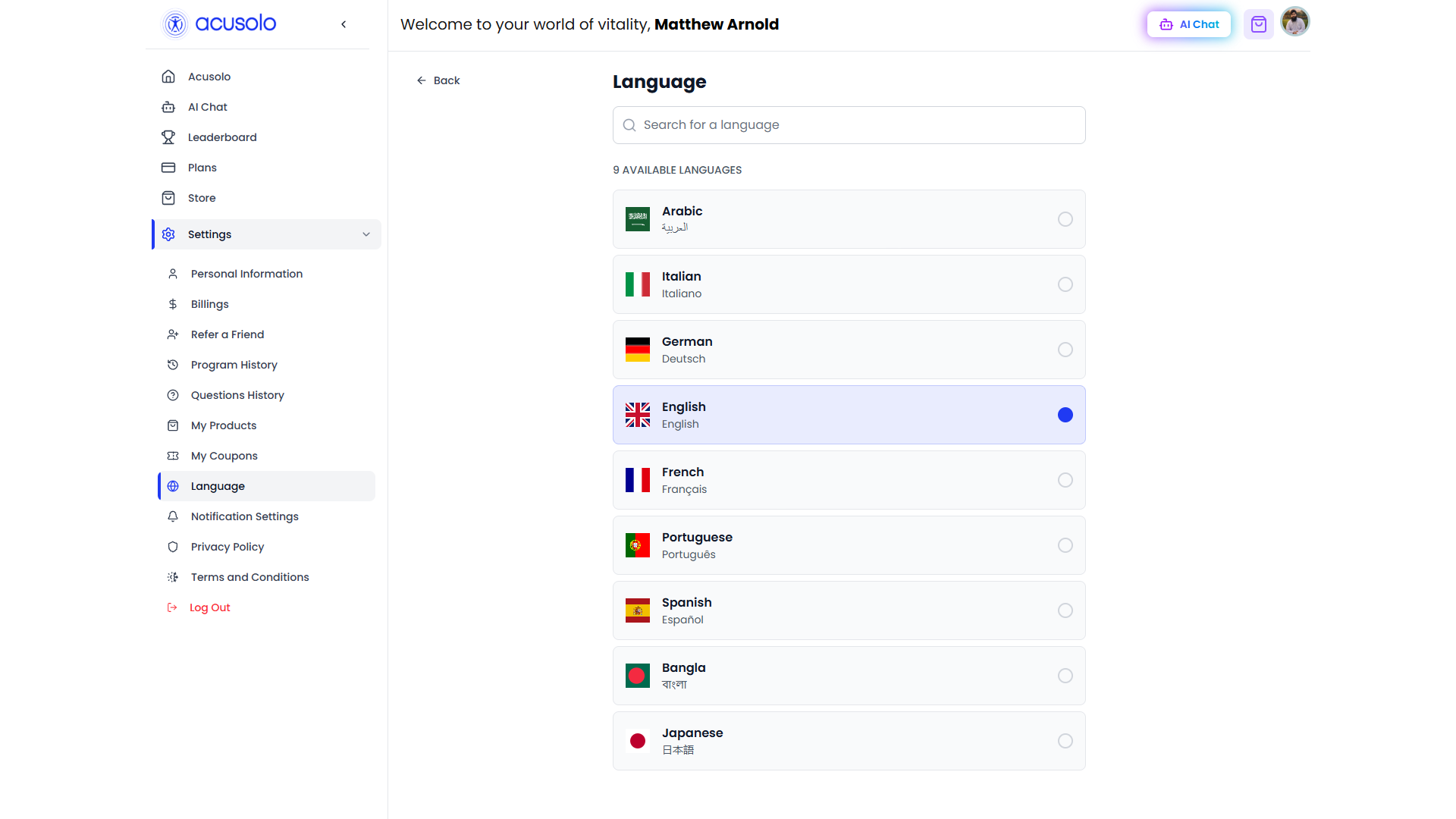 Web app language settings page