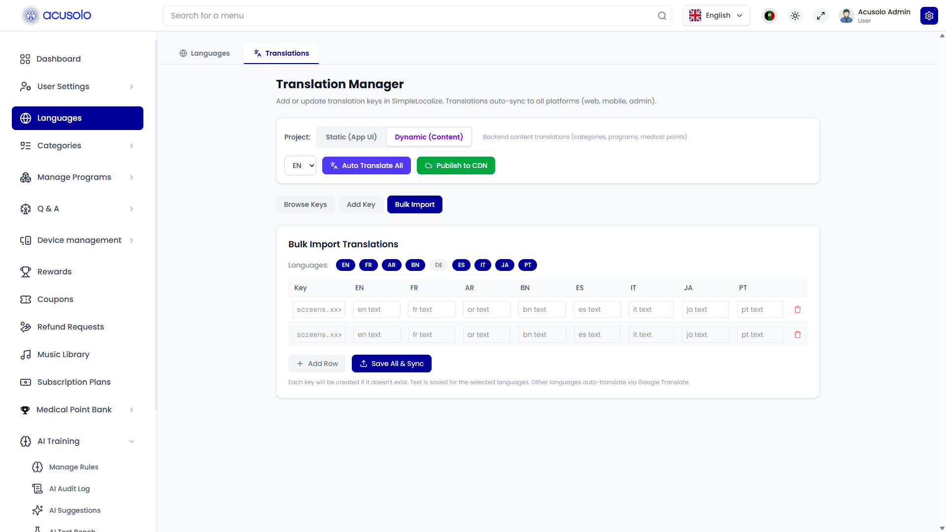 Translation management in SimpleLocalize style UI