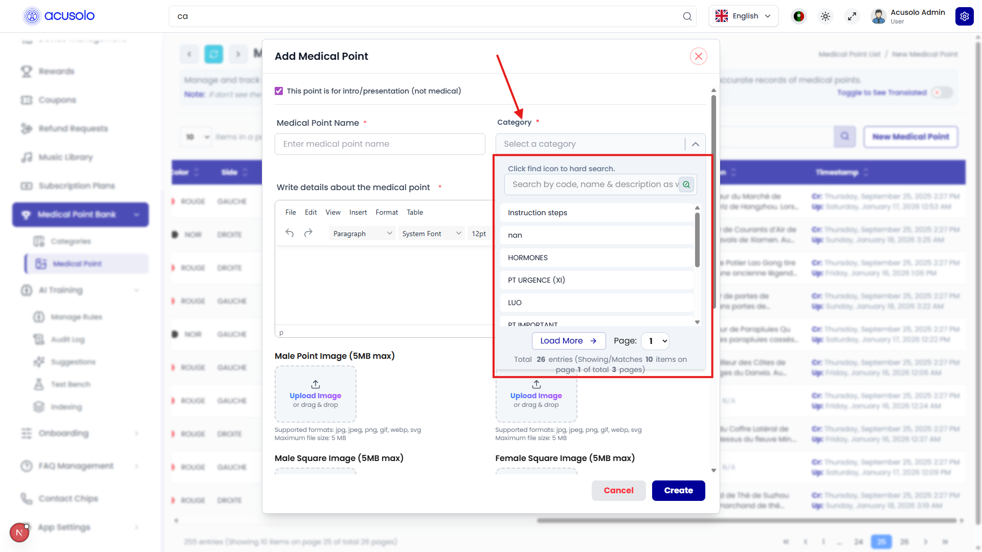 Category select — search, list, pagination