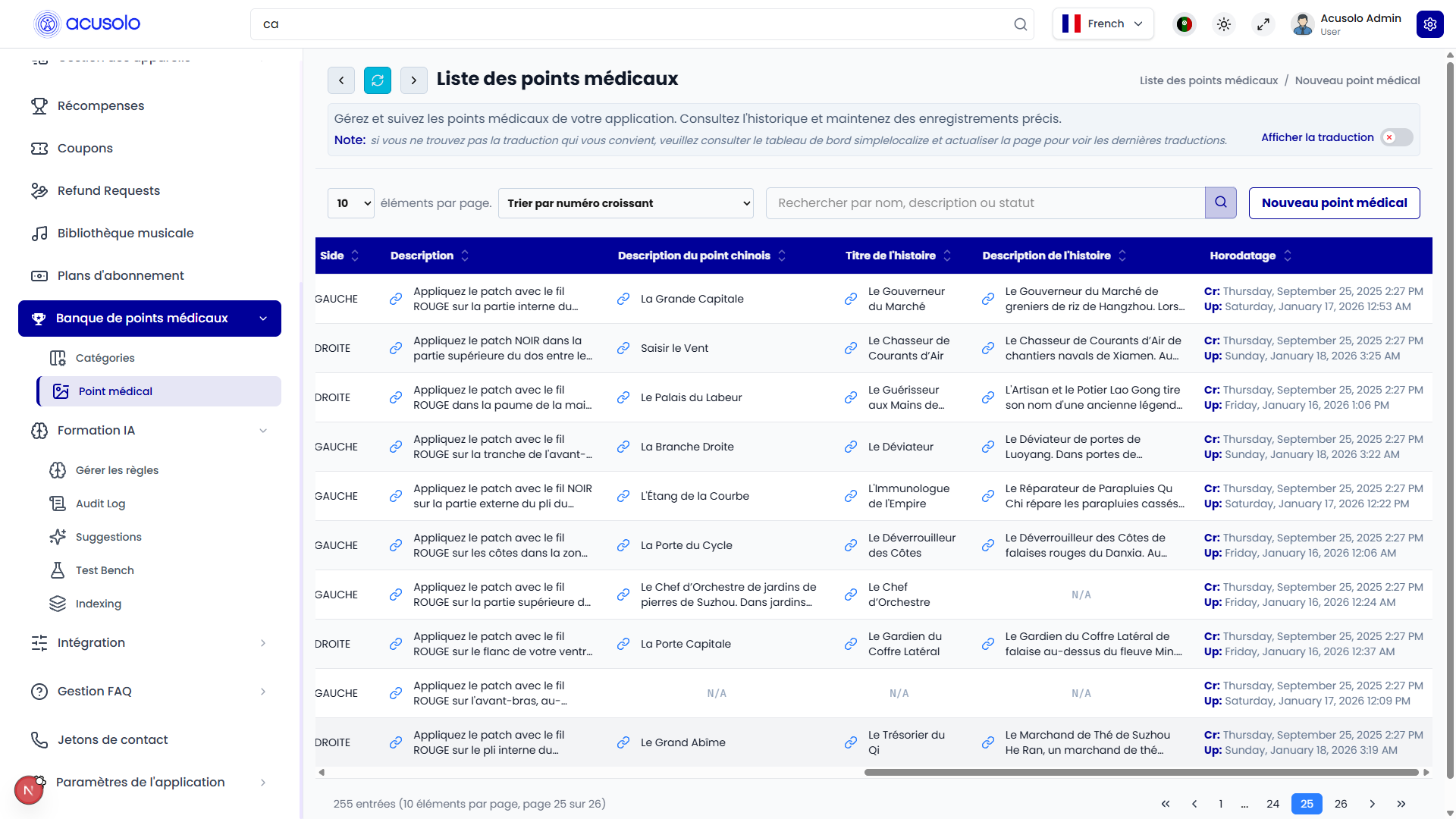 Medical point list overview — description, story, timestamps