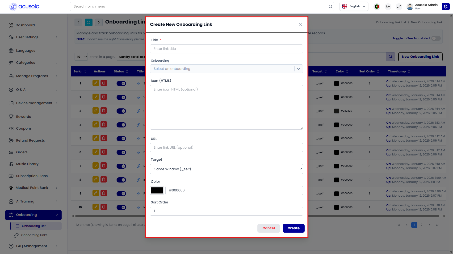 Create link modal