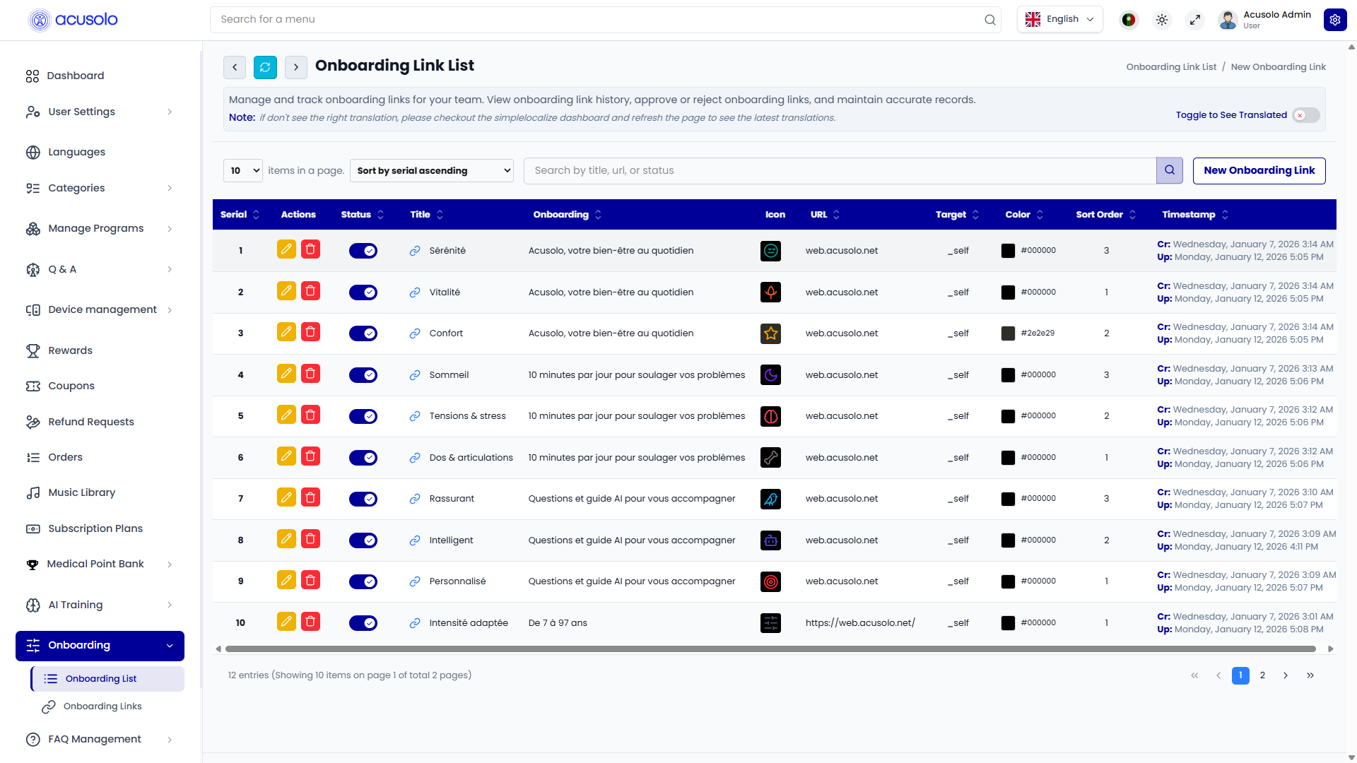 Onboarding links list page