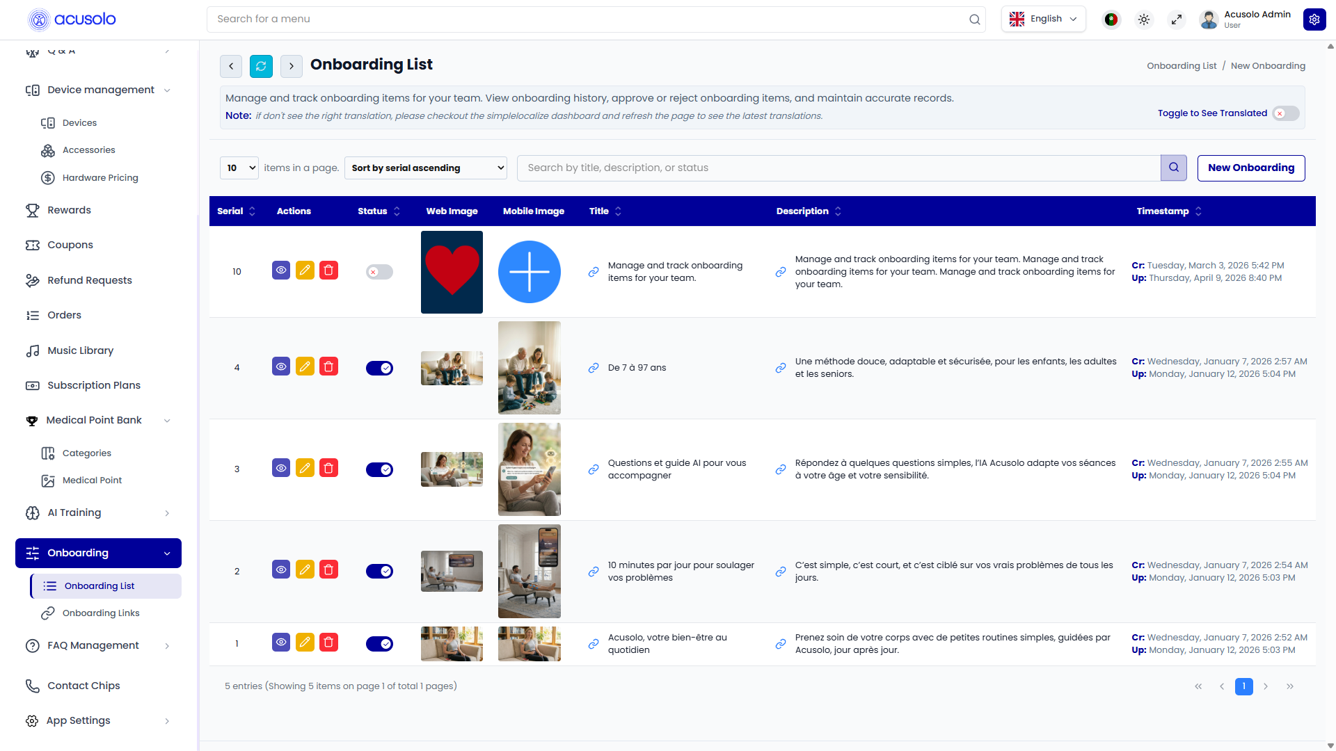 Onboarding list page