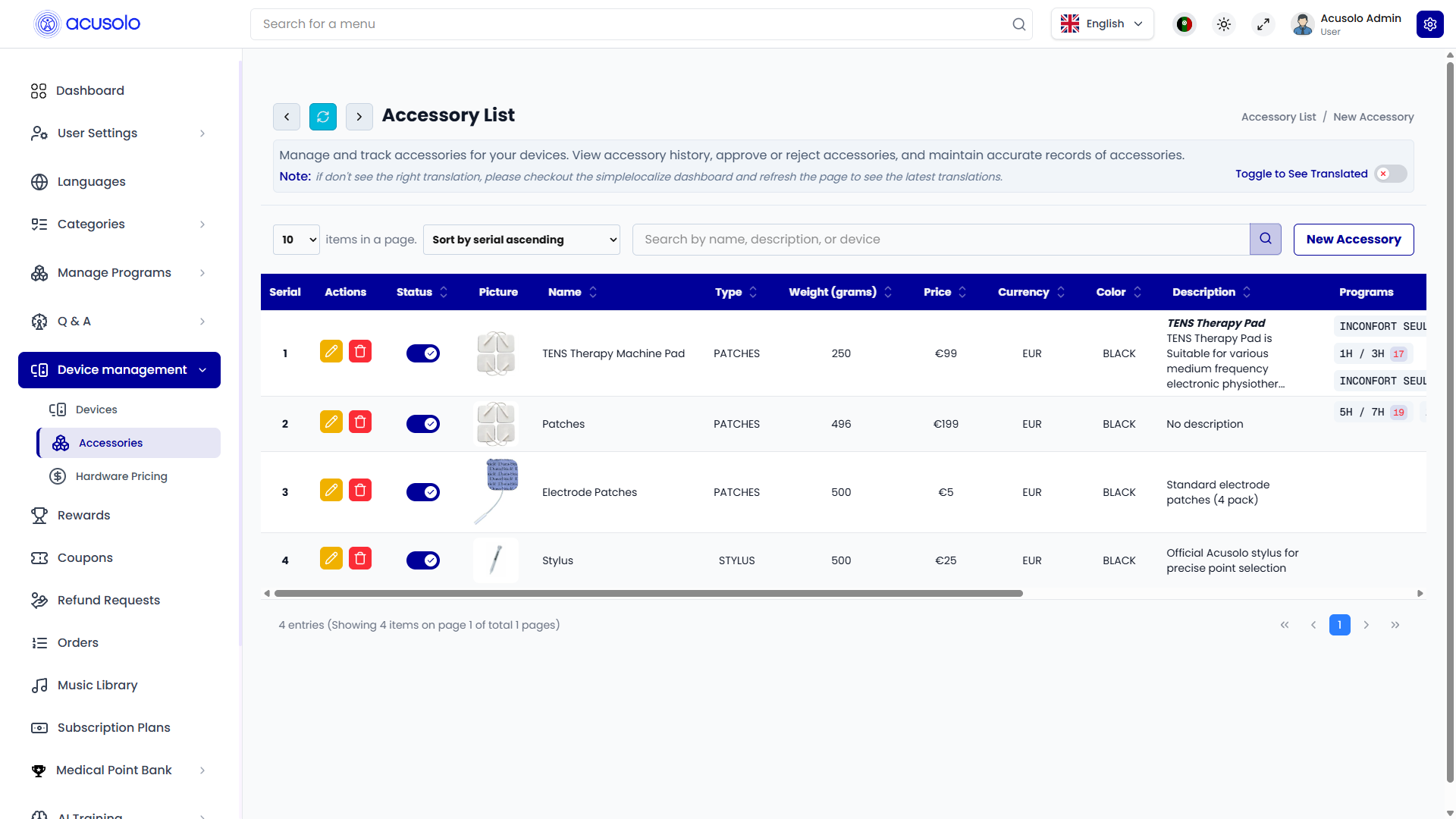 Accessory List — actions, status, picture, pricing, programs