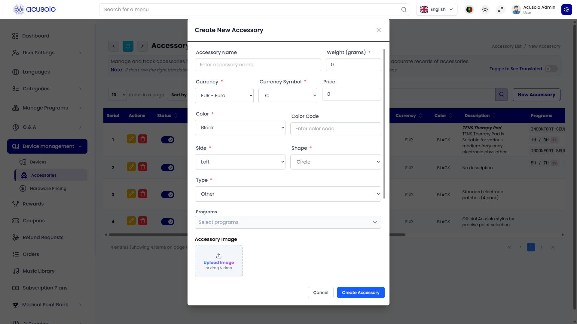 Create New Accessory — pricing, attributes, programs, image