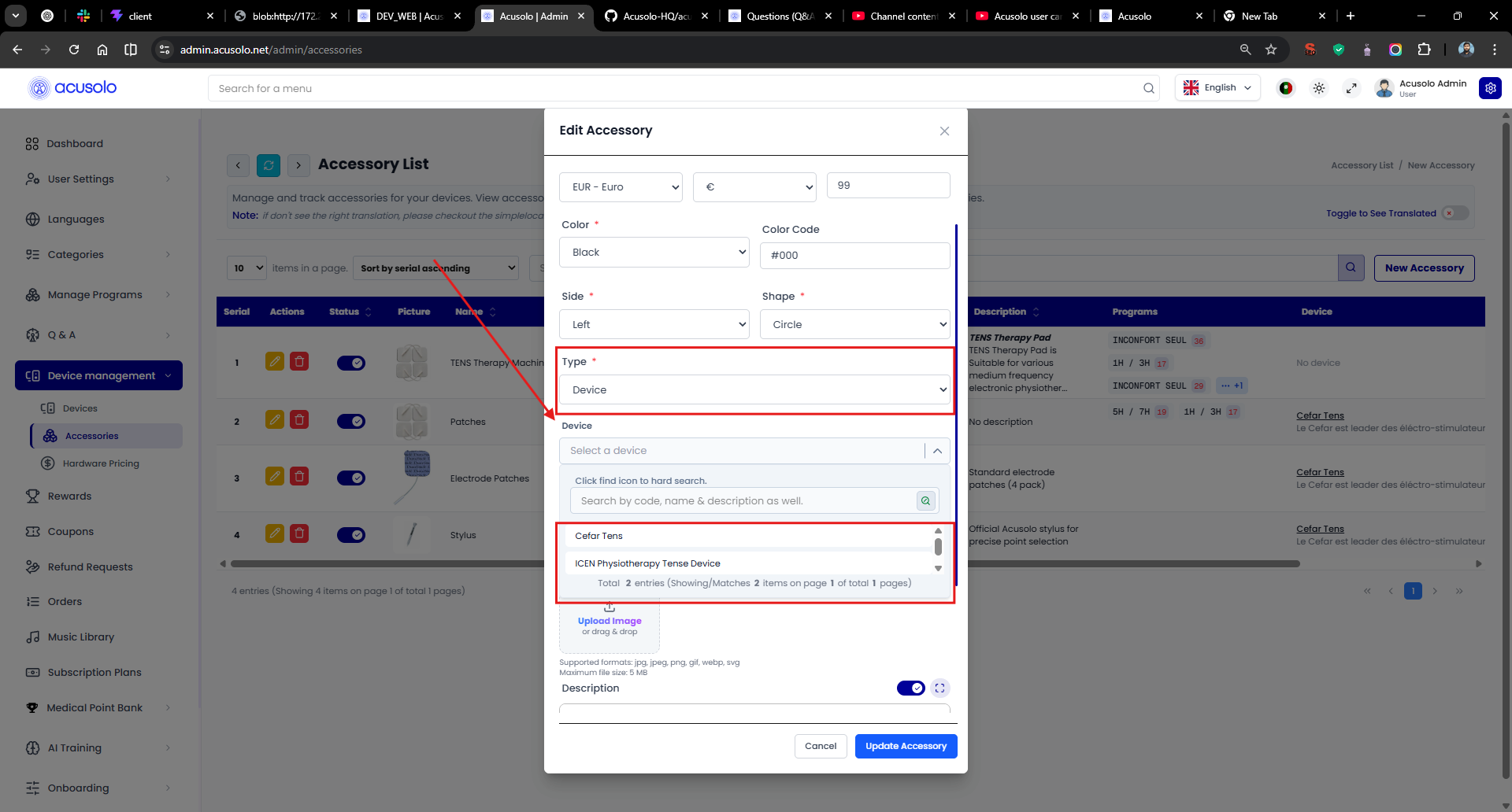 Accessory form — Type Device and device selector