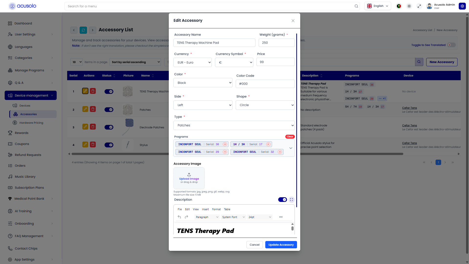 Edit Accessory — prefilled pricing, programs, description