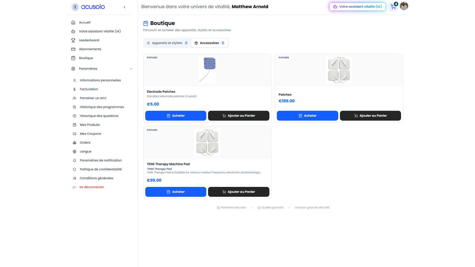 Web app Boutique — accessories tab with purchase actions