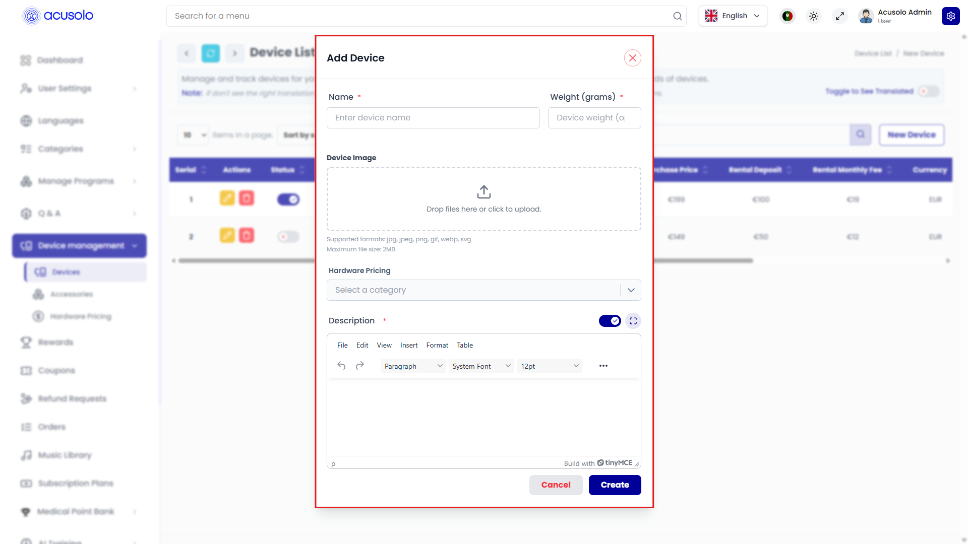 Add Device — name, weight, image, hardware pricing, description