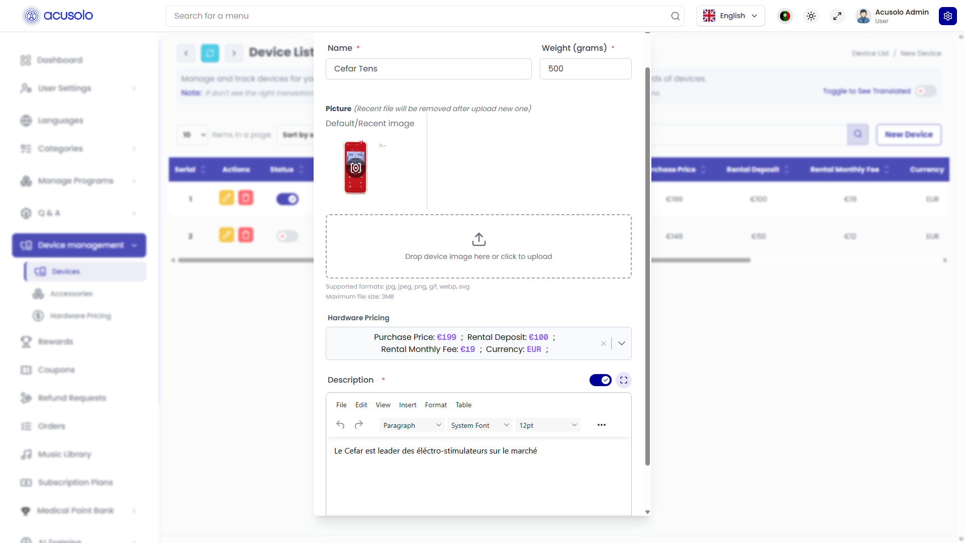 Update Device — prefilled form and hardware pricing