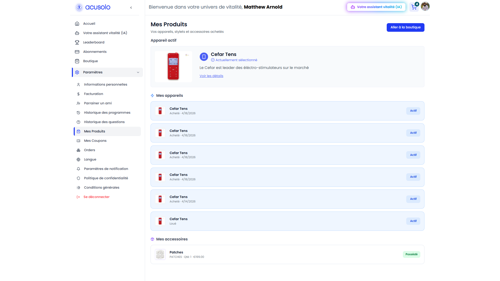 Web app My Products — active device and selector
