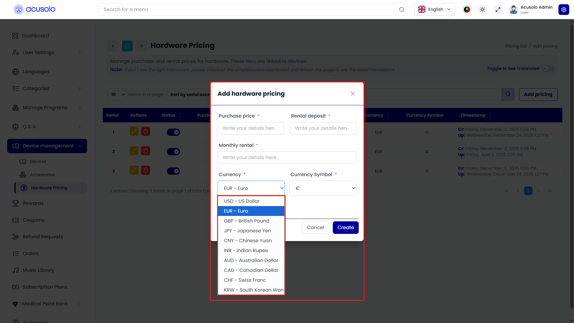 Add hardware pricing modal — purchase, rental, currency