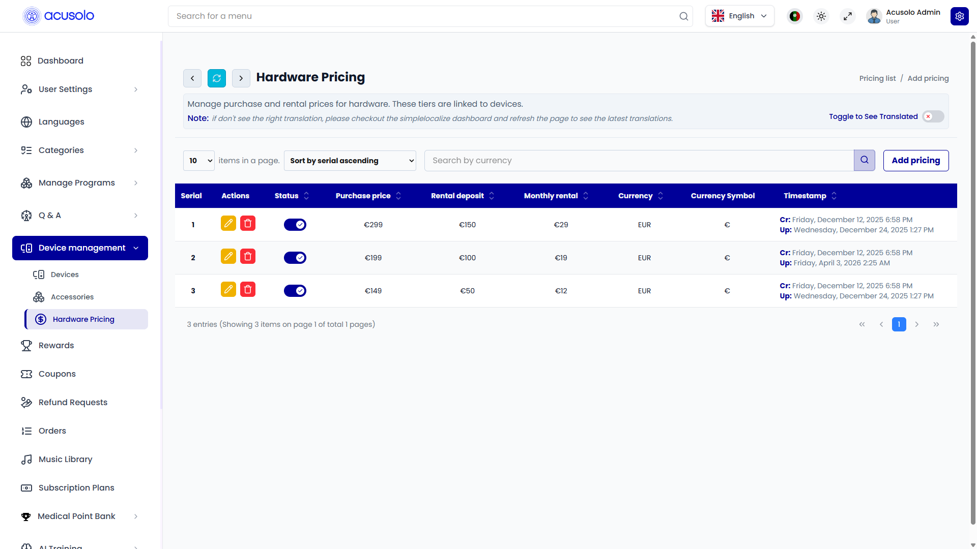 Hardware Pricing list — serial, actions, status, prices, currency, timestamps