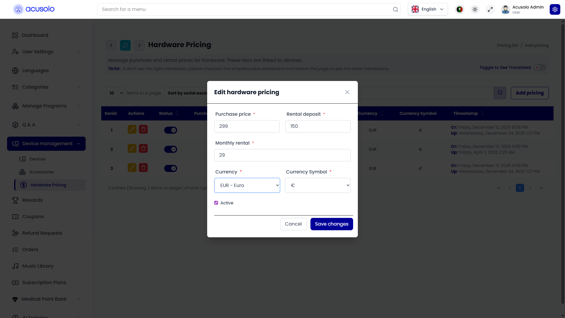 Edit hardware pricing modal — prefilled fields and Active