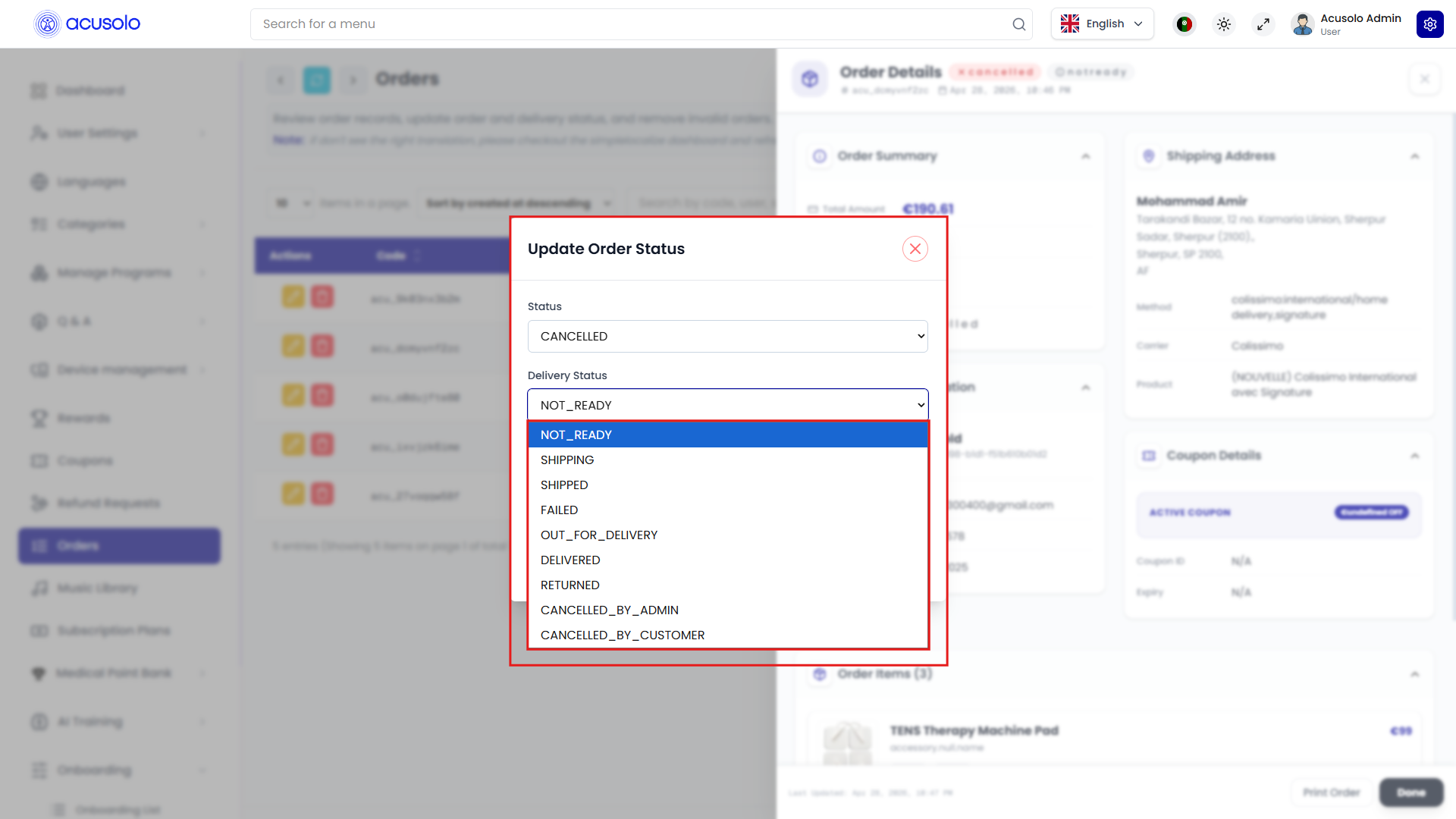 Delivery status dropdown options
