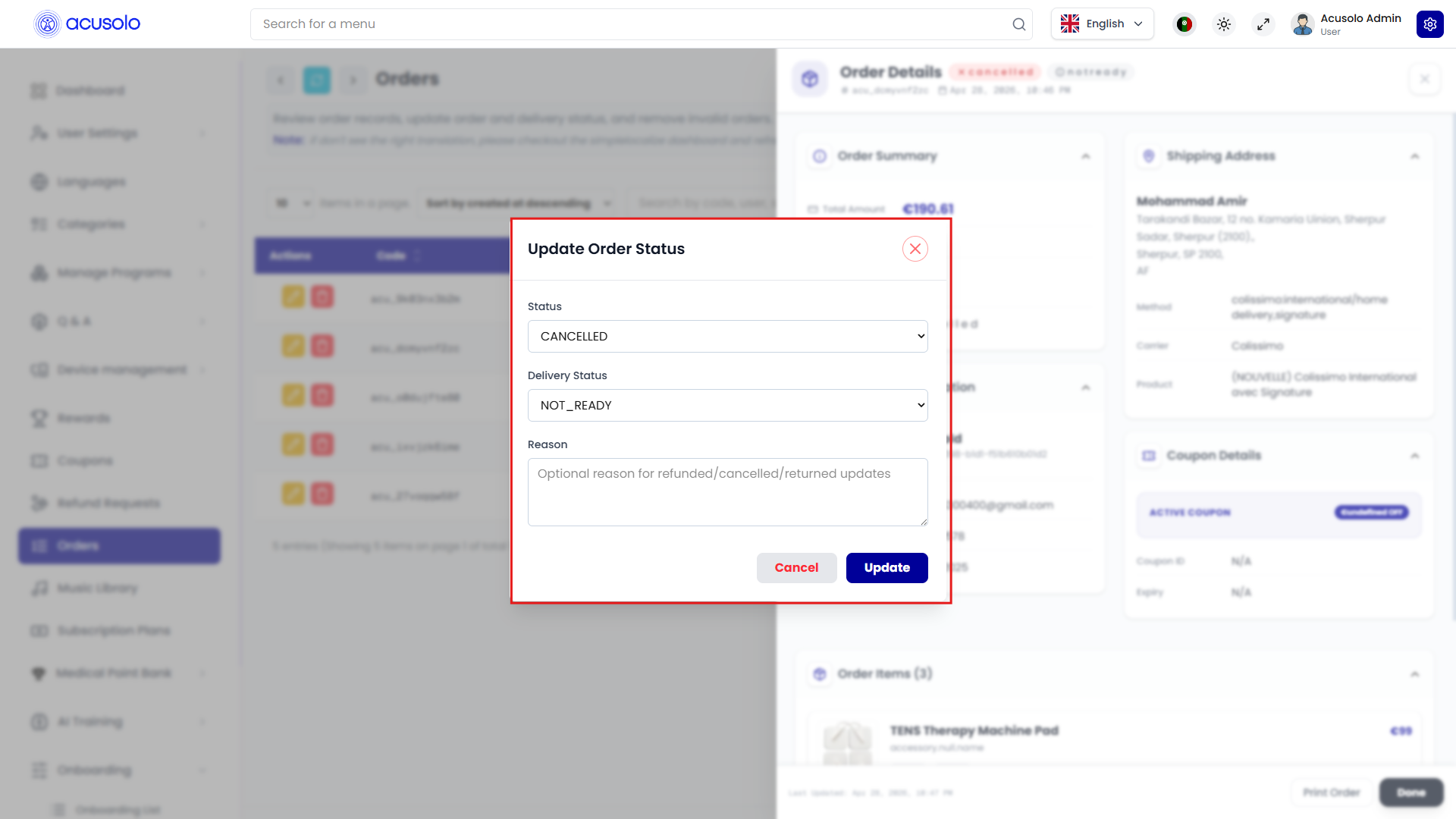 Update Order Status — status, delivery status, reason