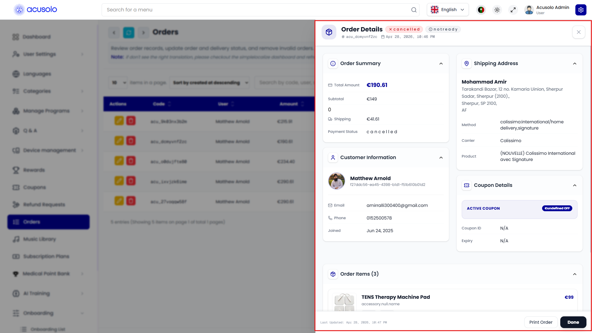 Order details drawer — summary, customer, shipping, coupon, items