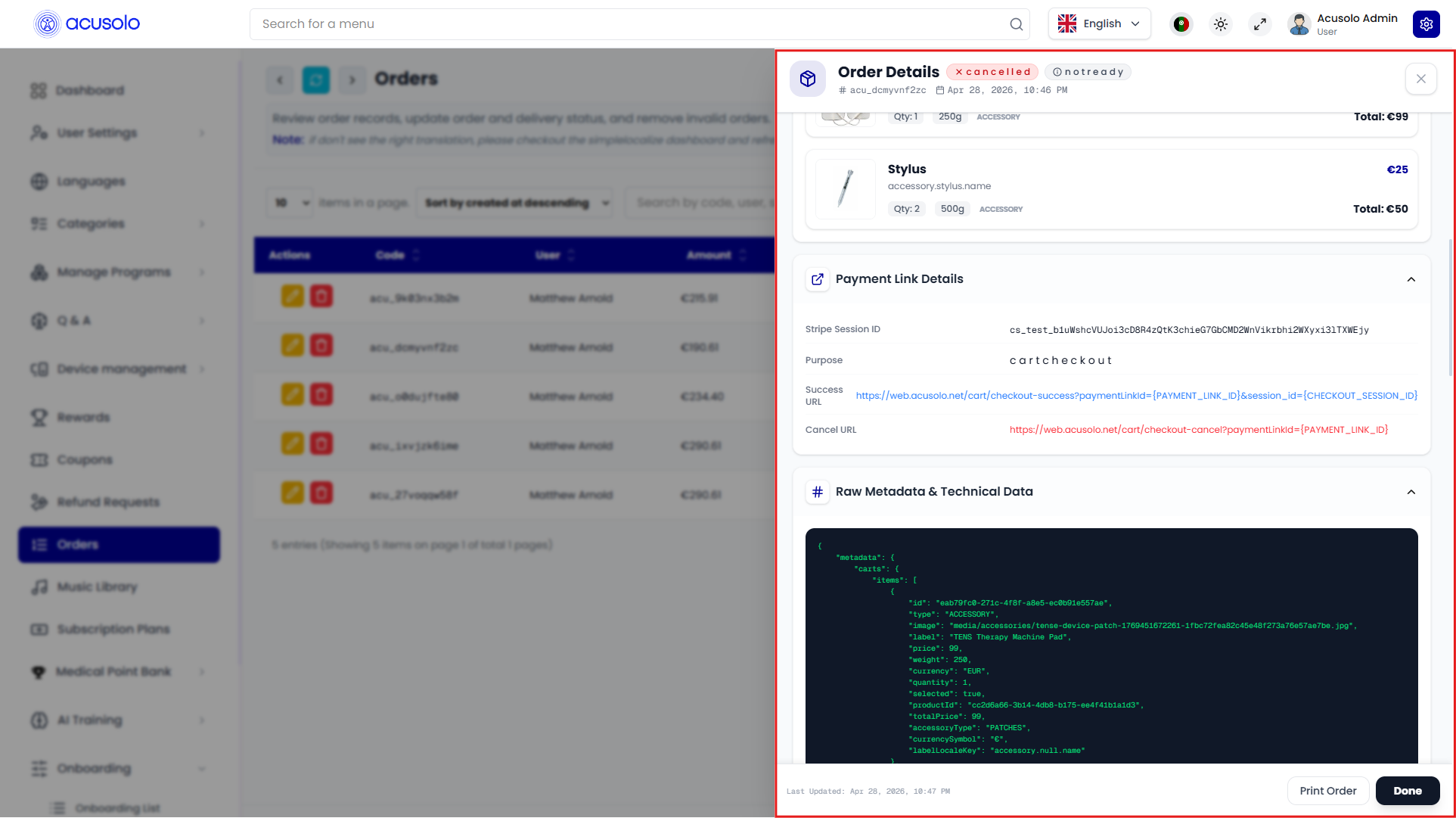 Order details drawer — line items, Stripe session, metadata