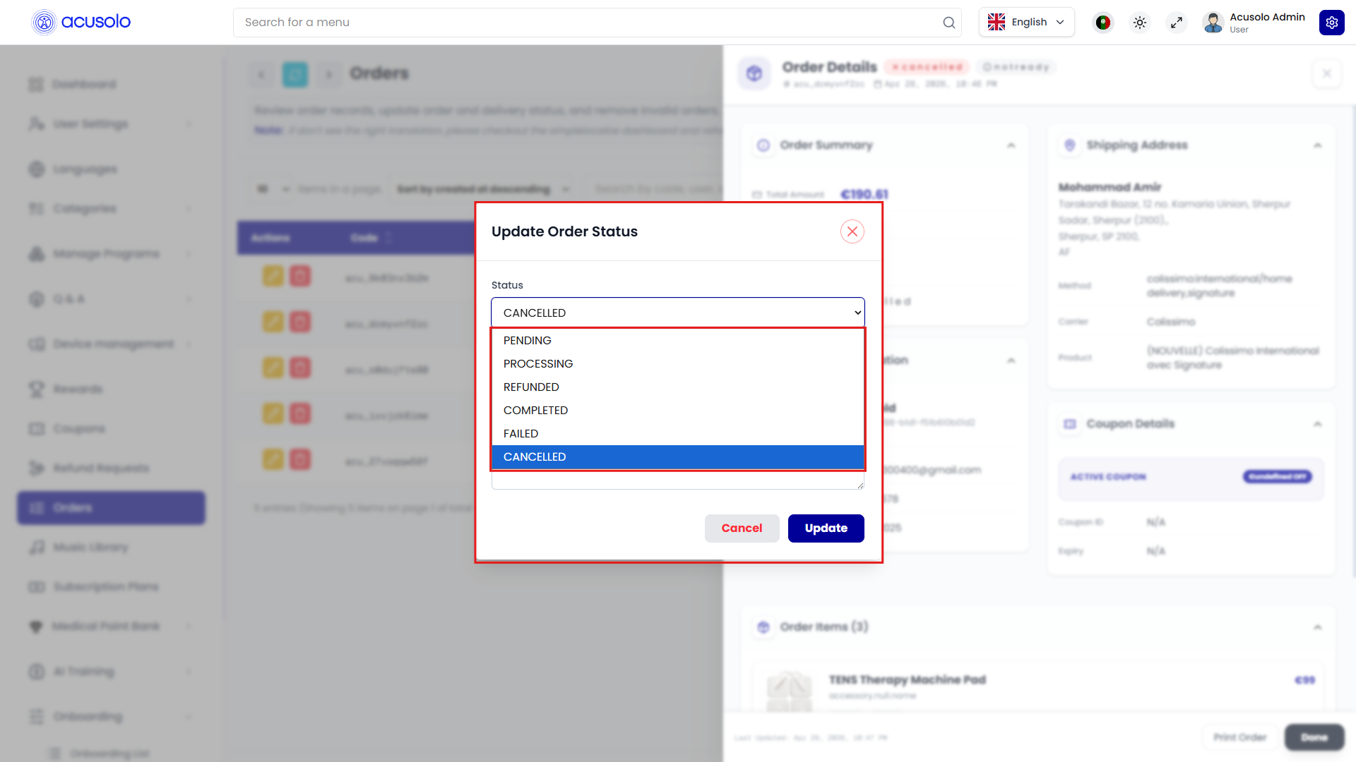 Order status dropdown options