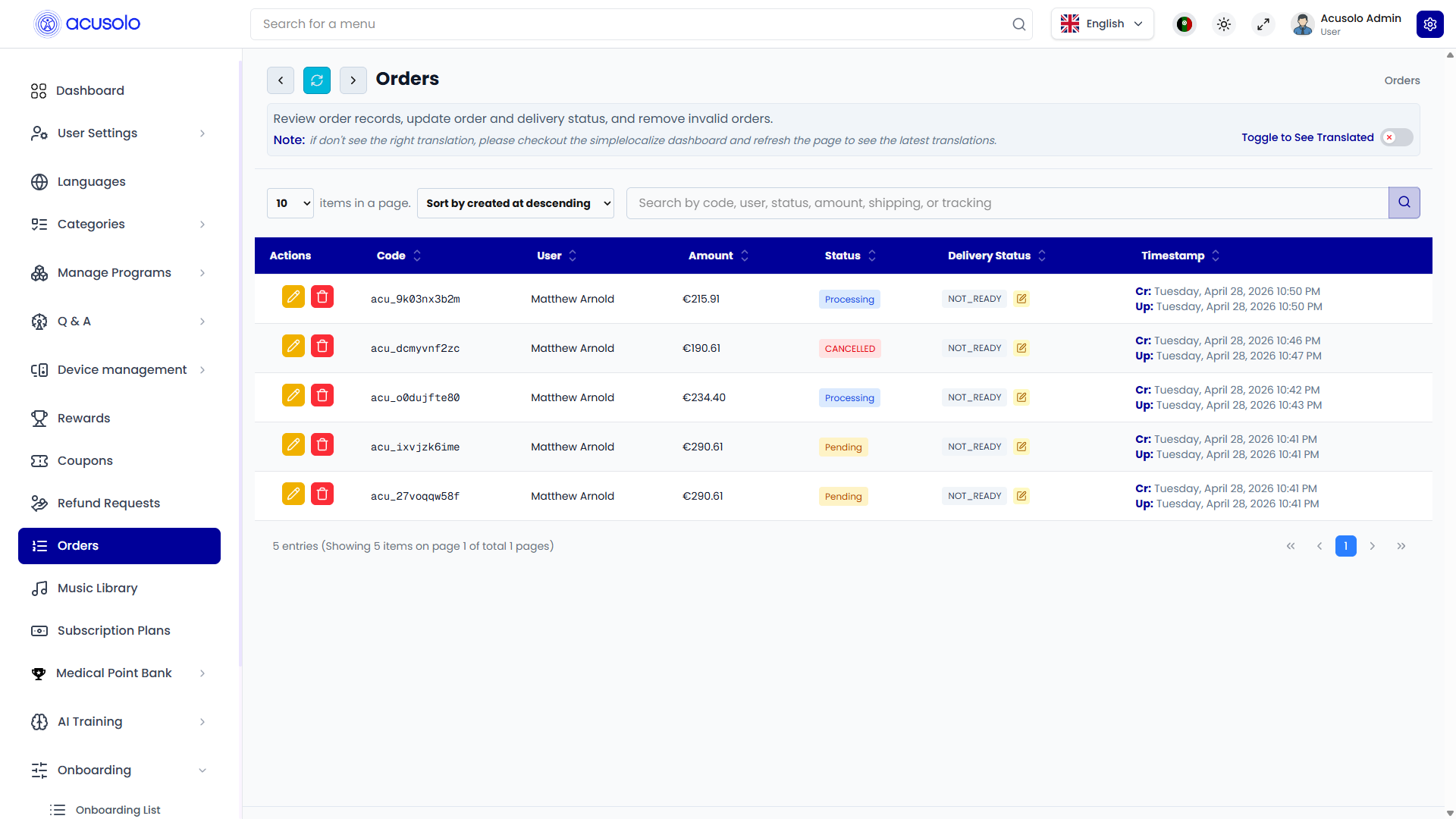 Orders list — actions, code, user, amount, statuses, timestamps