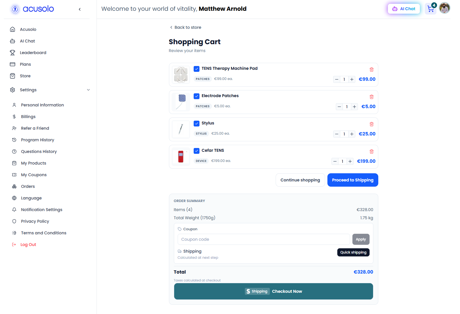 Web app shopping cart — items, coupon, Stripe checkout