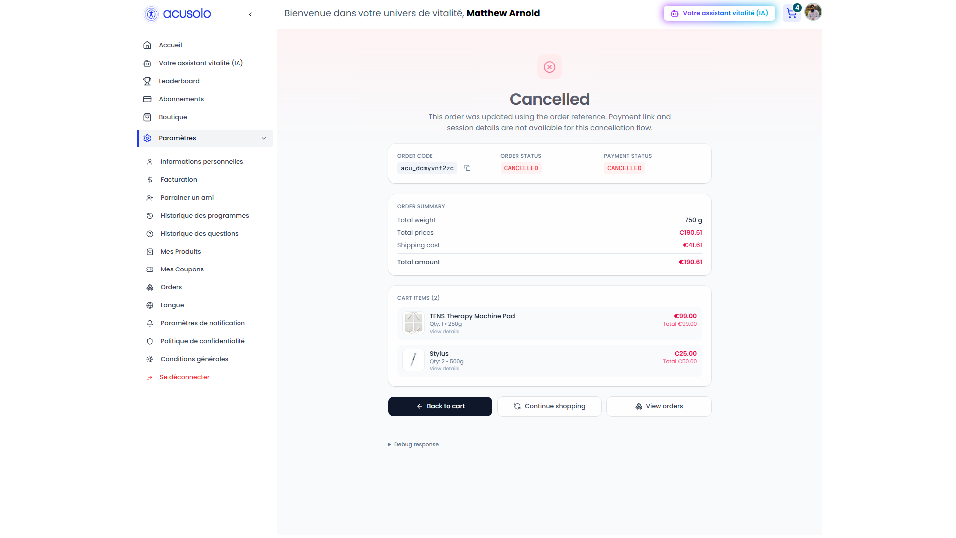 Web app order cancel summary
