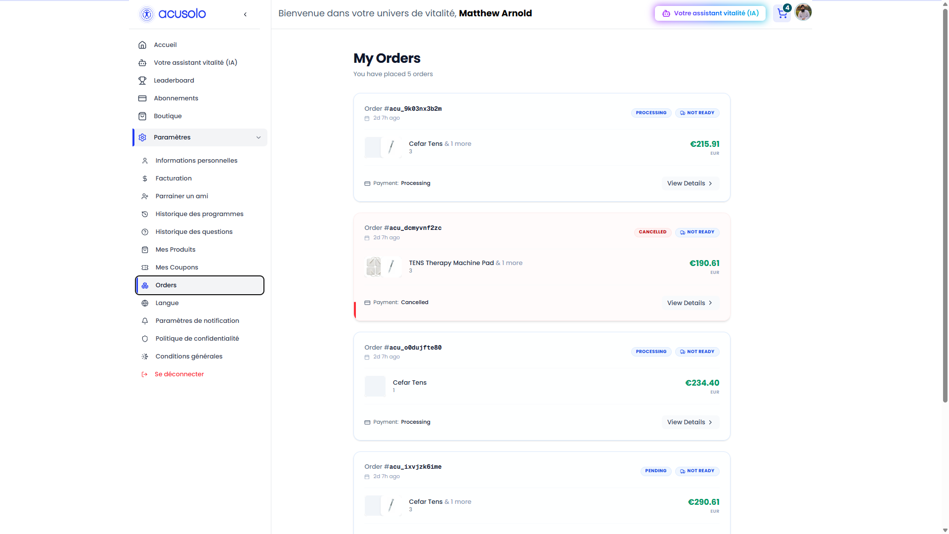 Web app My Orders — history list