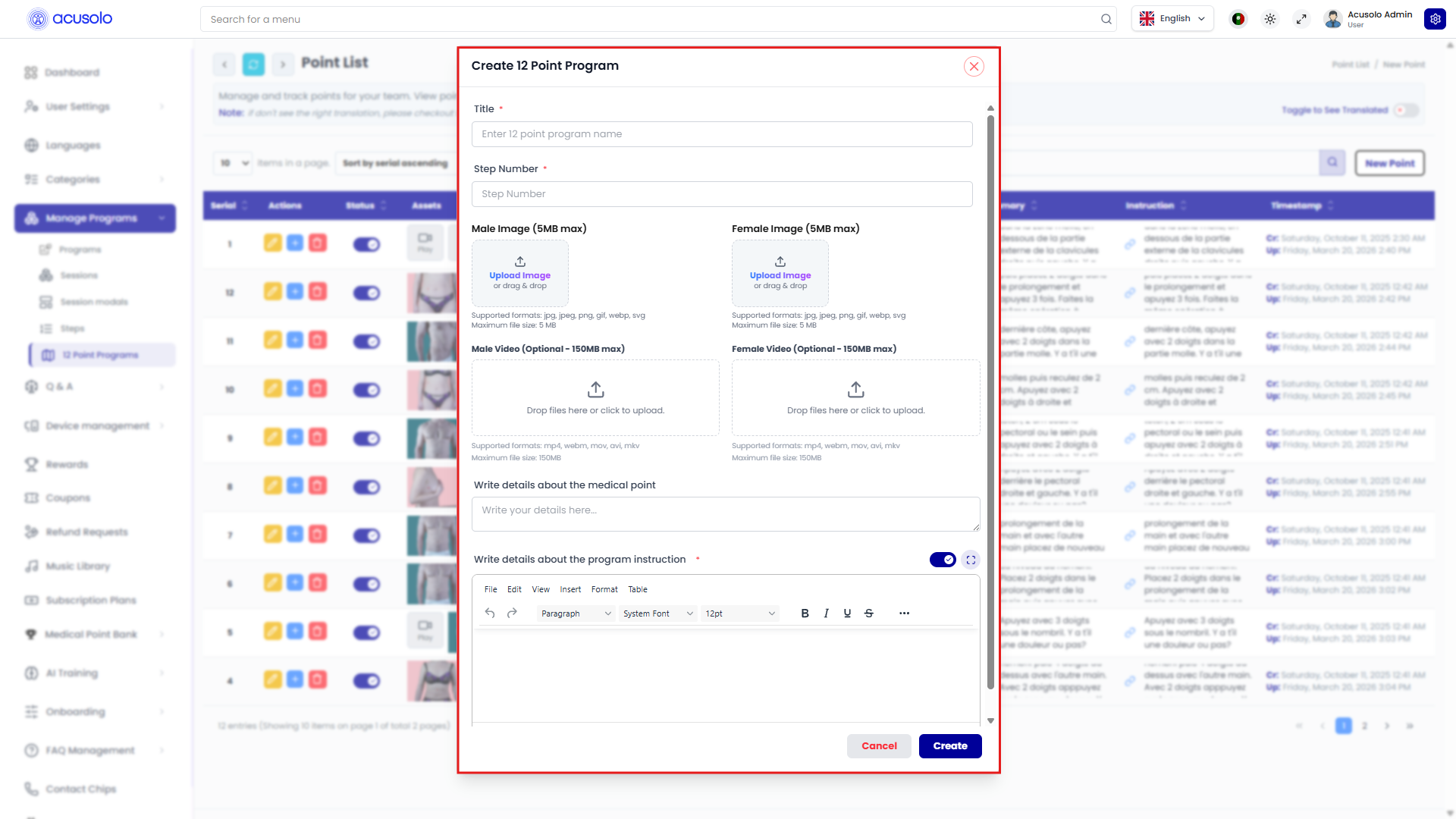 Create 12 point program modal