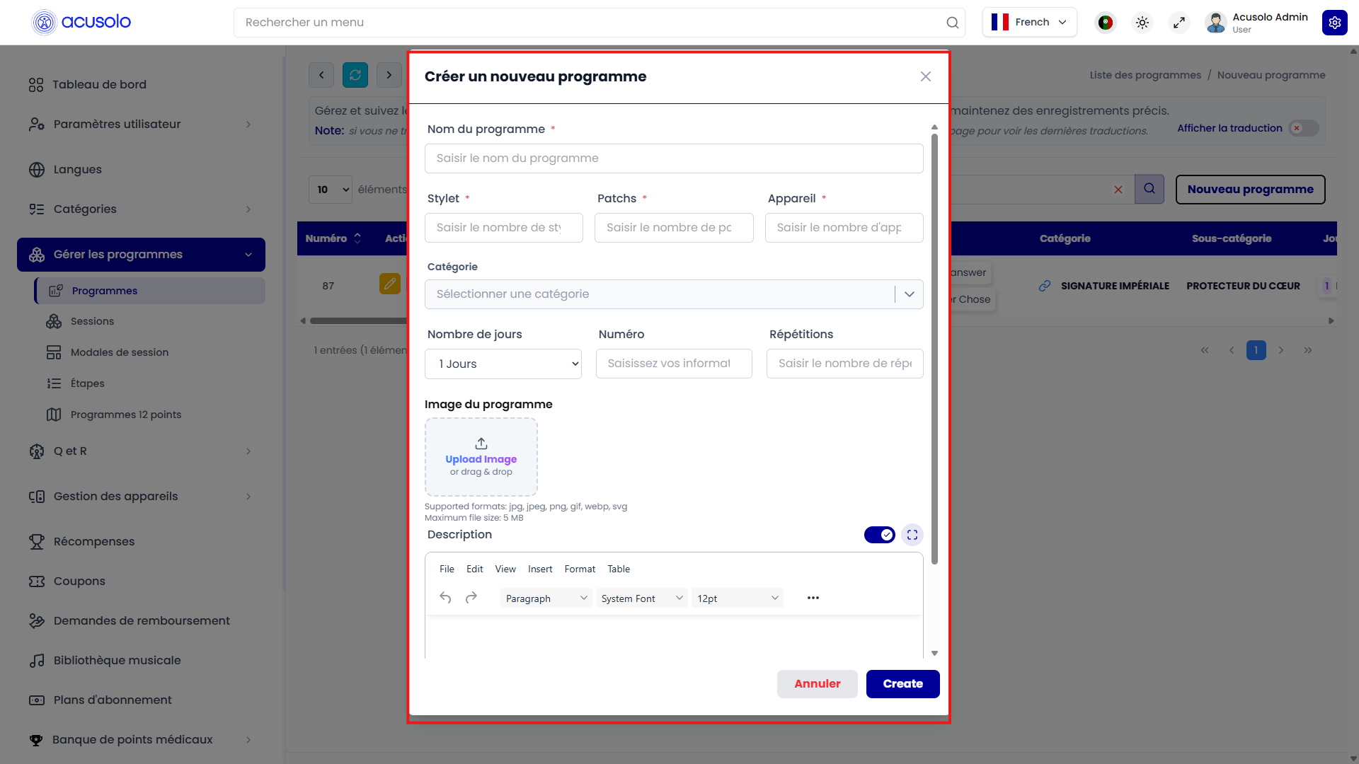 Create new program modal