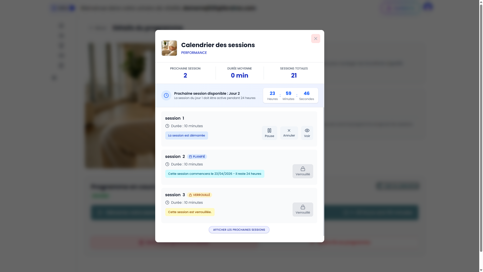 Session calendar modal