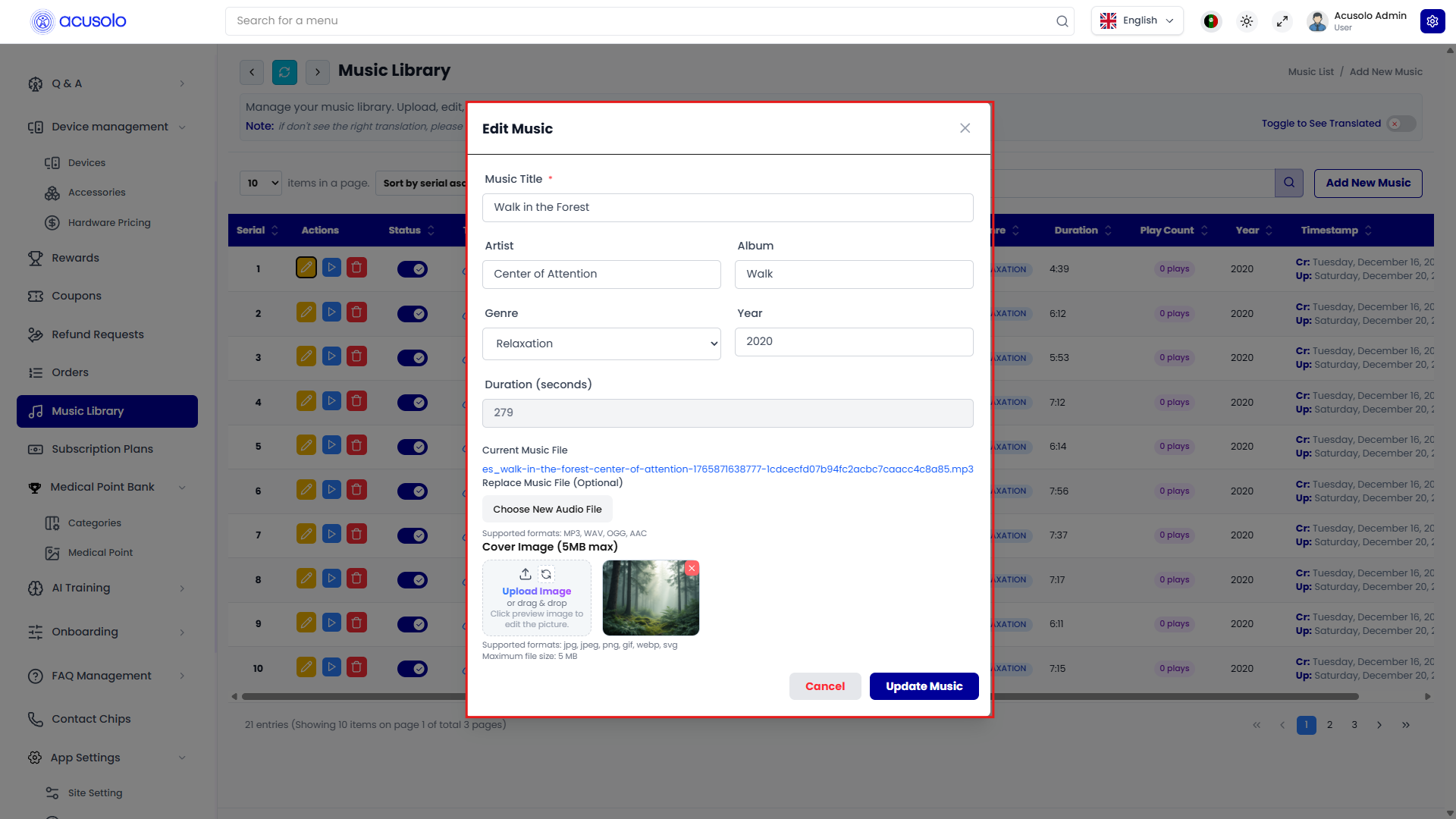 Update music modal