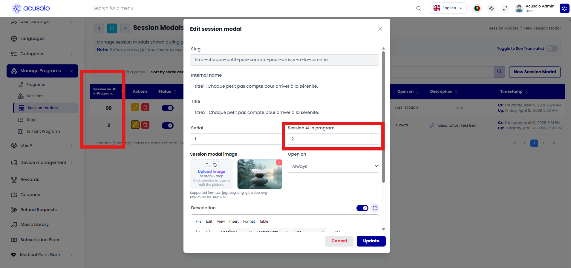 Edit modal — Session # in program highlighted