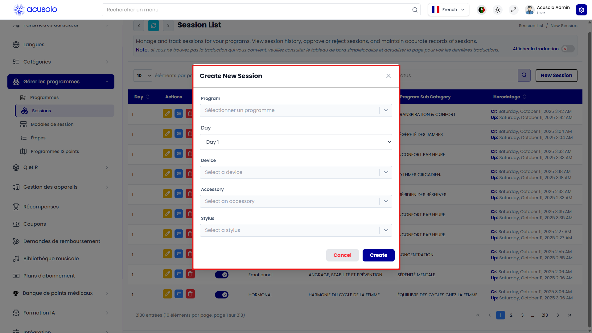 Create new session modal