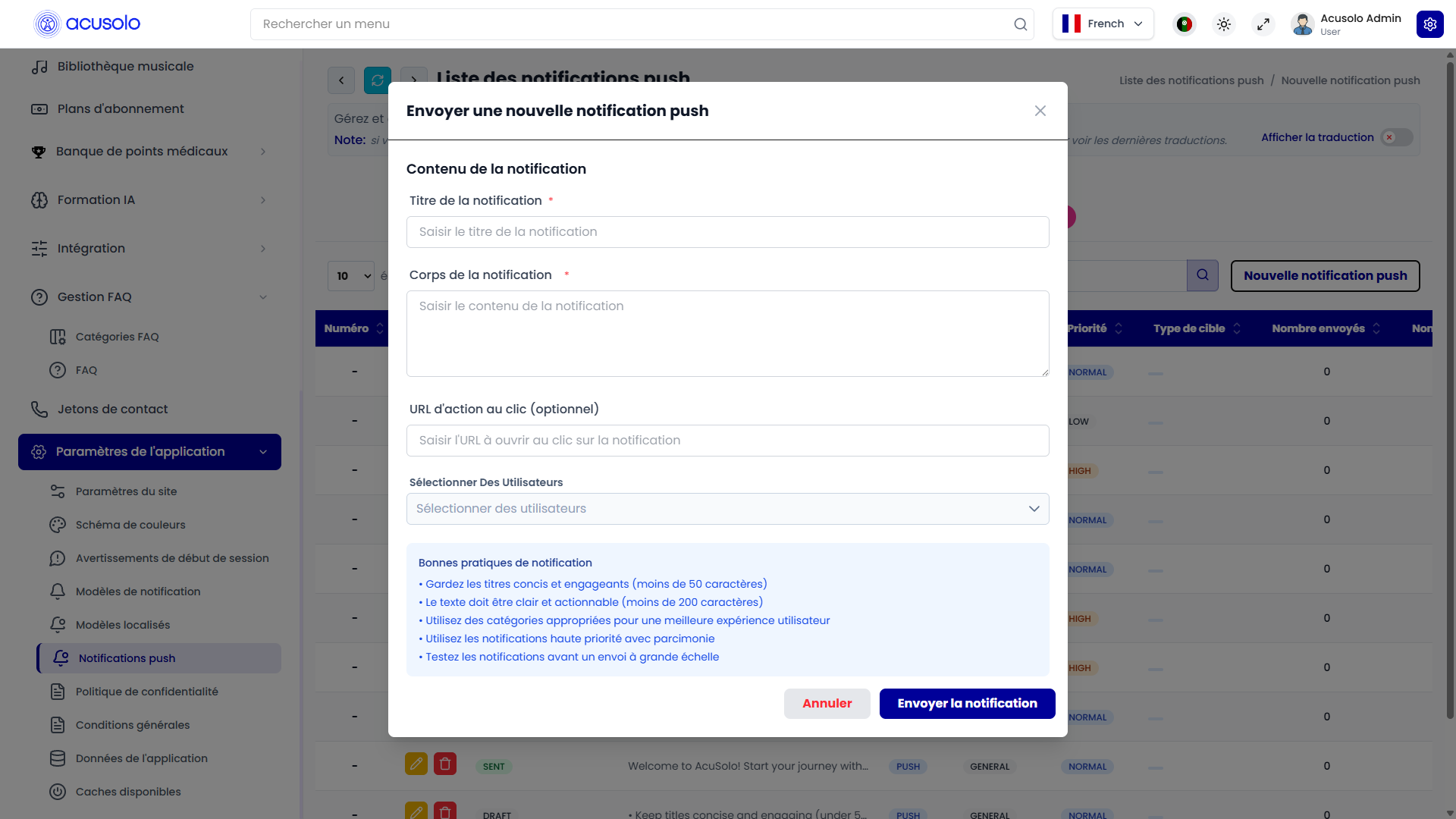 Create push notification modal