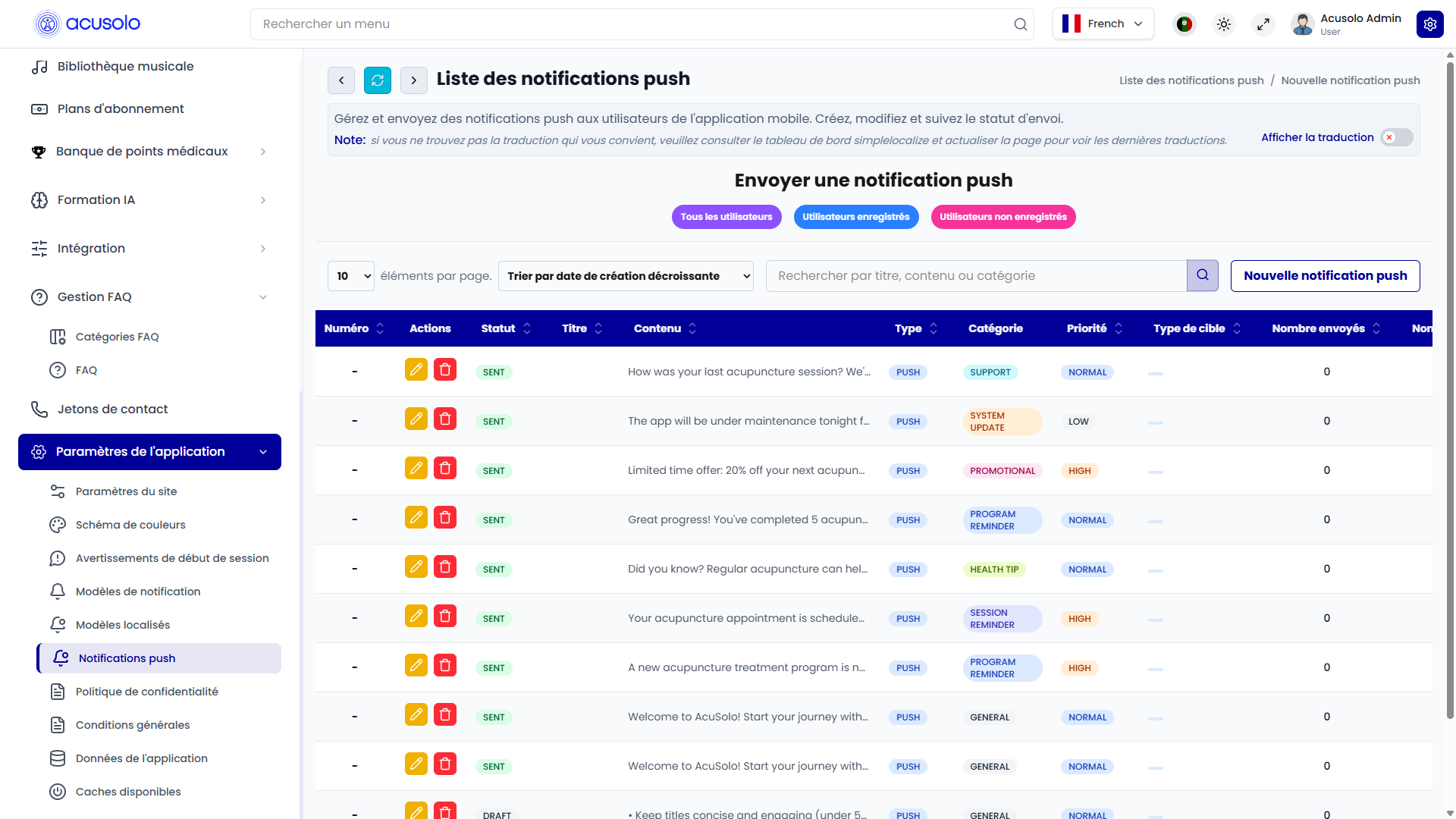 Push notification list page