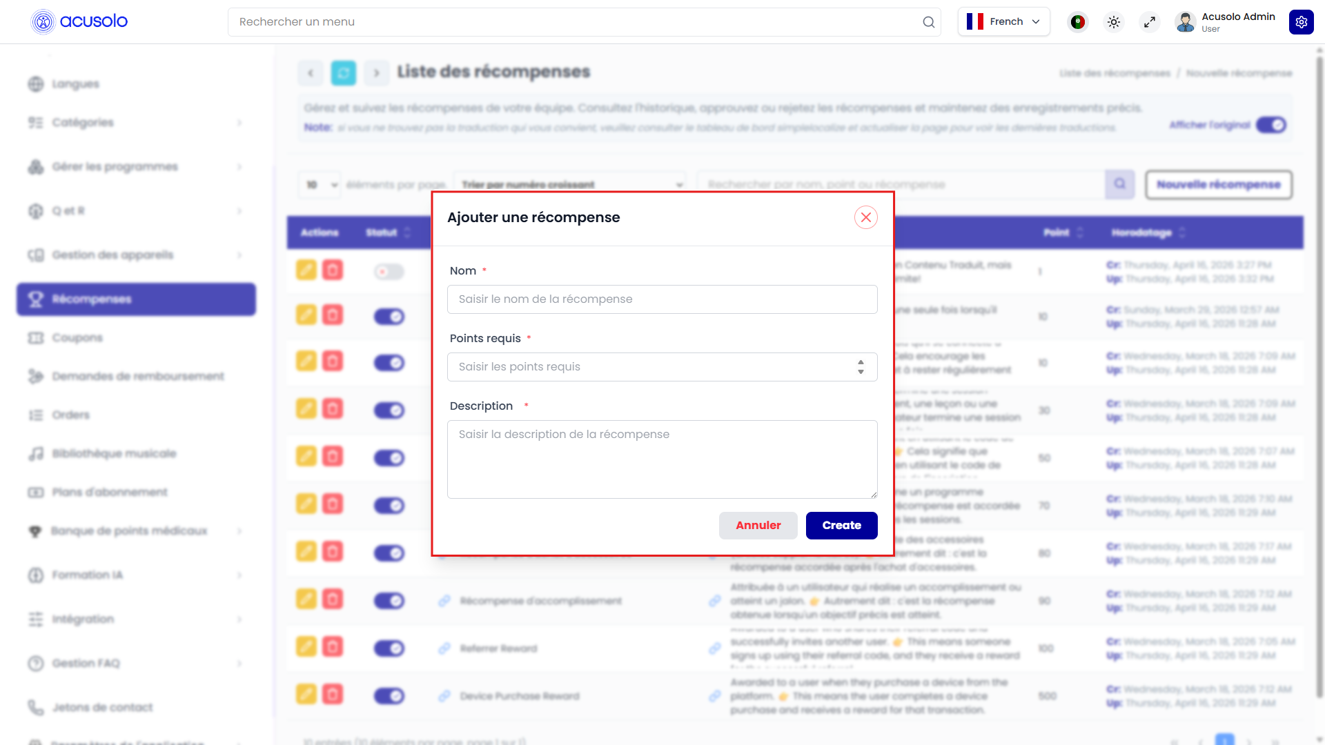 Create reward modal