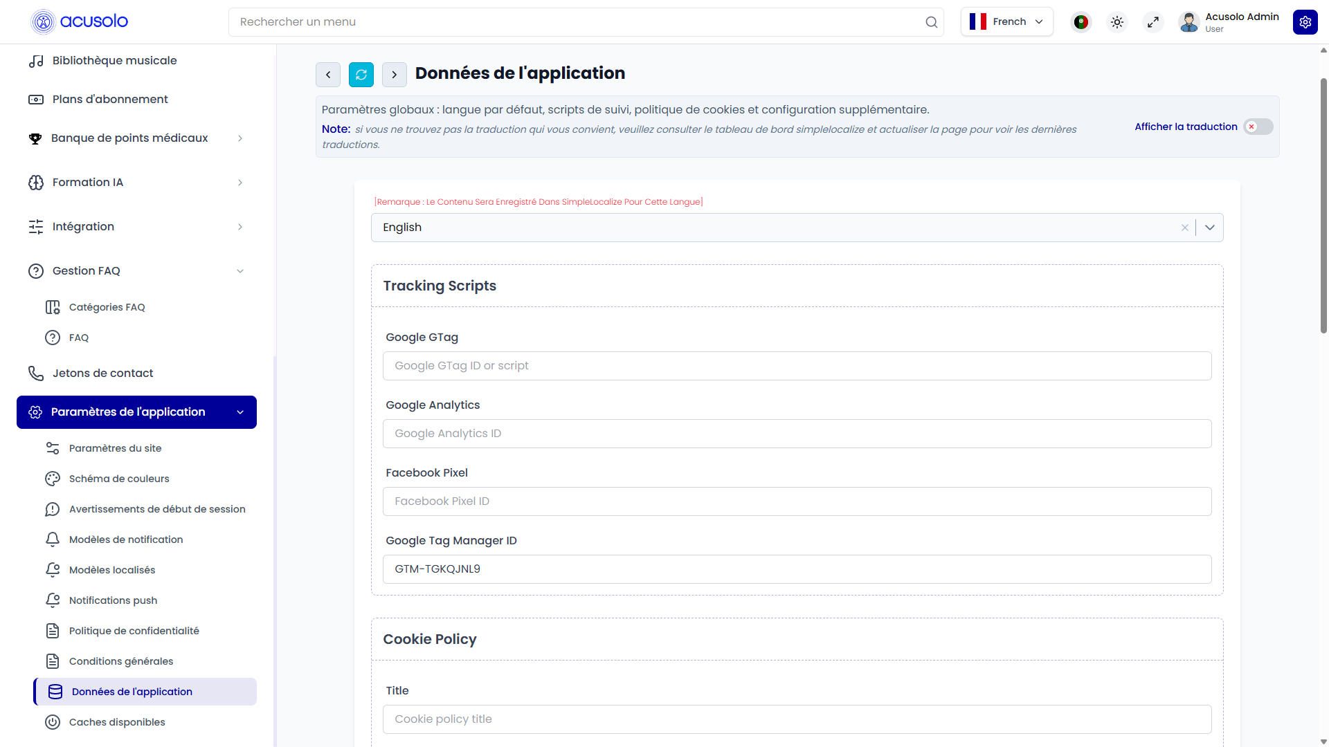 Manage app data page