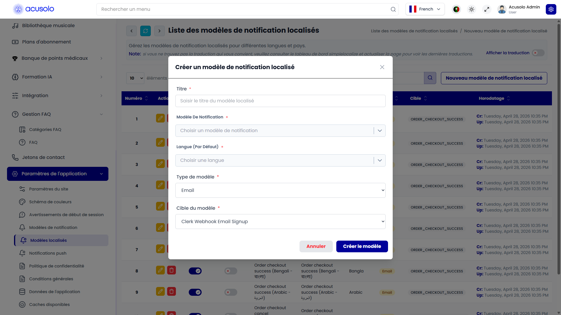 Create localized notification template modal