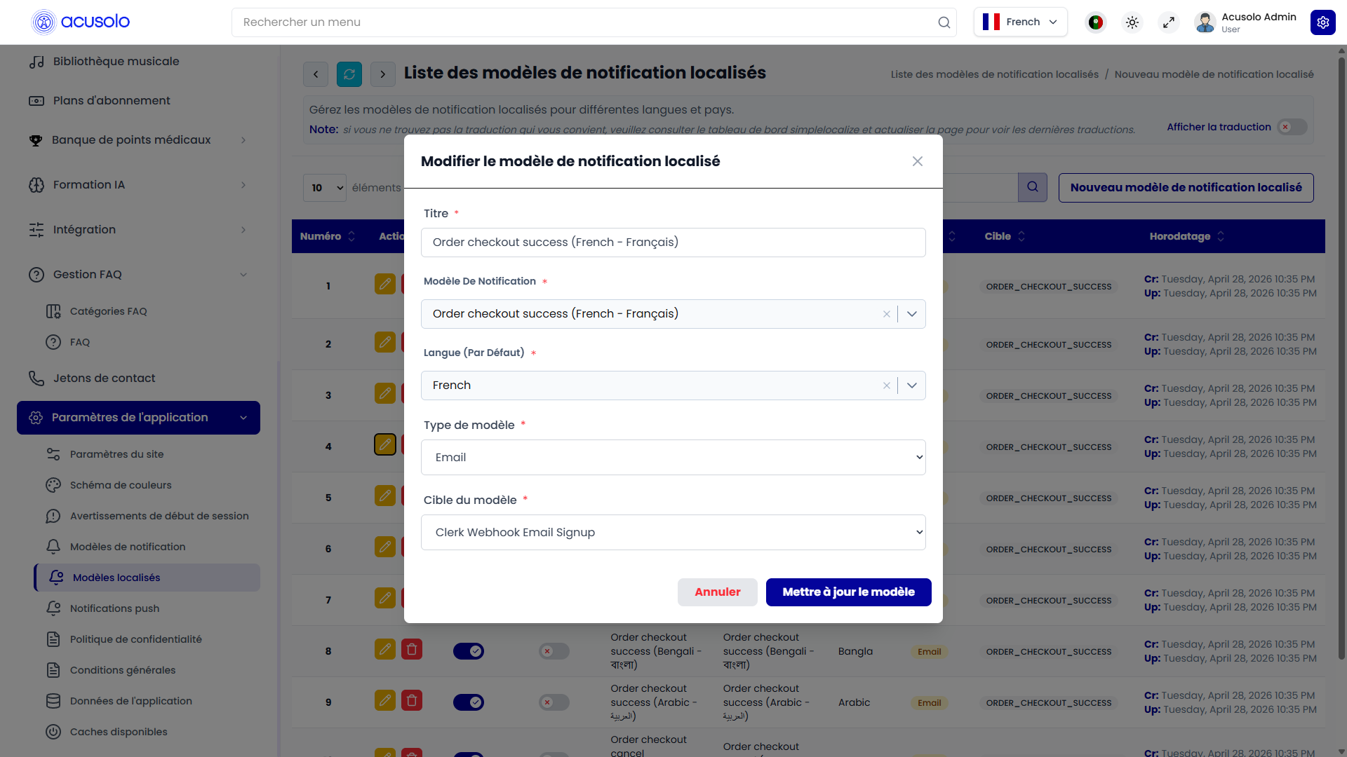 Edit localized notification template modal